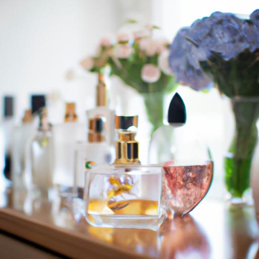 Bộ sưu tập chai nước hoa trên bàn trang điểm với hoa phụ nữ trong nền tảng