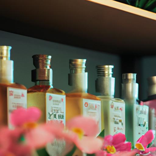 Một bộ sưu tập các chai 'nước hoa Prada' được sắp xếp trên kệ.