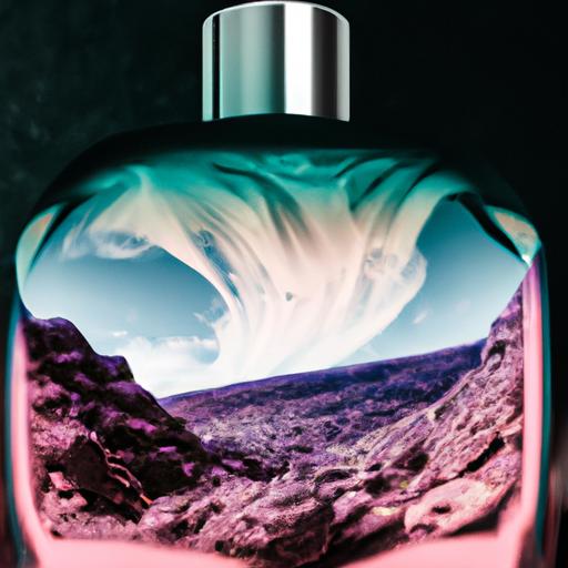 Hình ảnh chai nước hoa với cảnh quan ngoài hành tinh bên trong.