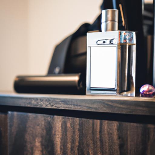 Chai nước hoa CK đẹp mắt đặt trên bàn trang điểm gỗ, bên cạnh các phụ kiện nam.