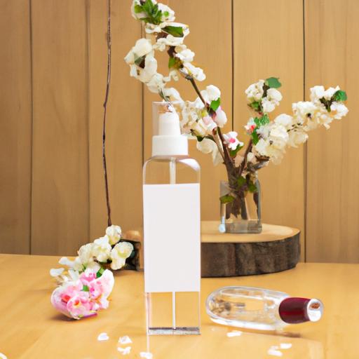 Chai nước hoa Coach nữ được đặt trên bàn gỗ kèm hoa
