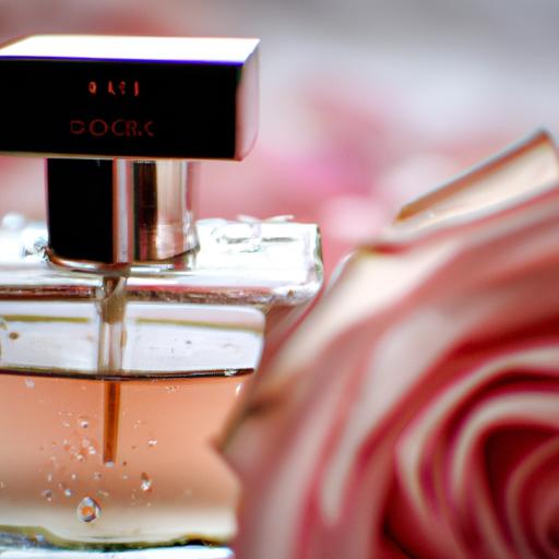 Gần cận chai nước hoa Dior với một bông hoa hồng phía sau
