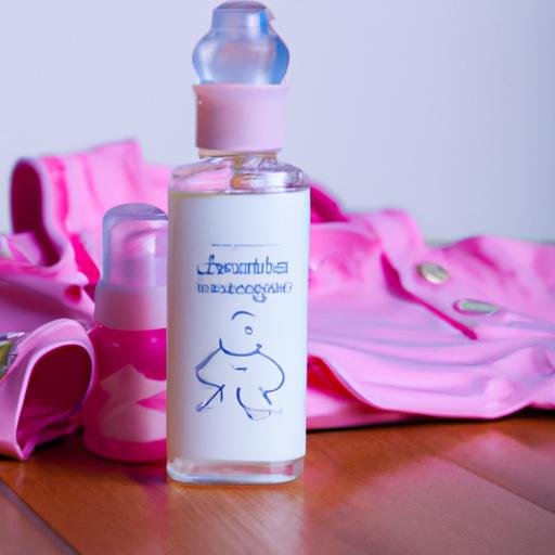 Chai nước hoa em bé Johnson được đặt trên bàn gỗ với quần áo em bé ở phía sau