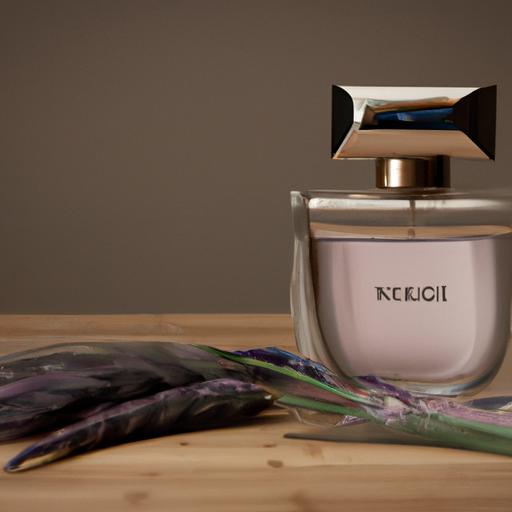 Chai nước hoa Gucci nam được bày trên bàn gỗ cùng với một cành oải hương tinh tế.