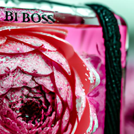 Gần cận của một chai nước hoa Hugo Boss cho nữ với hương hoa.