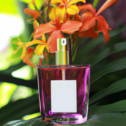 Chai nước hoa Latino với hình ảnh hoa nhiệt đới phía sau