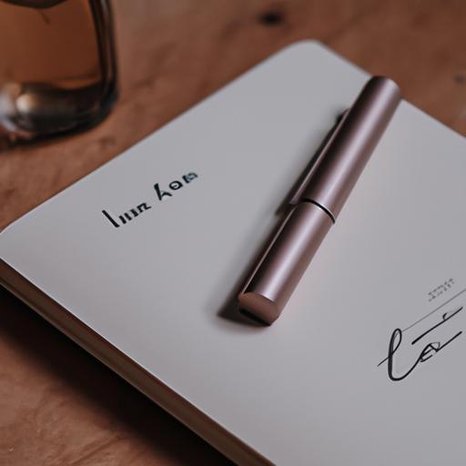 Chai nước hoa Le Labo trên bàn gỗ với một quyển sổ tay và bút.