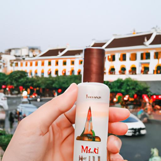 Gần cận tay cầm chai nước hoa musk với nền nơi các địa danh nổi tiếng của Việt Nam.