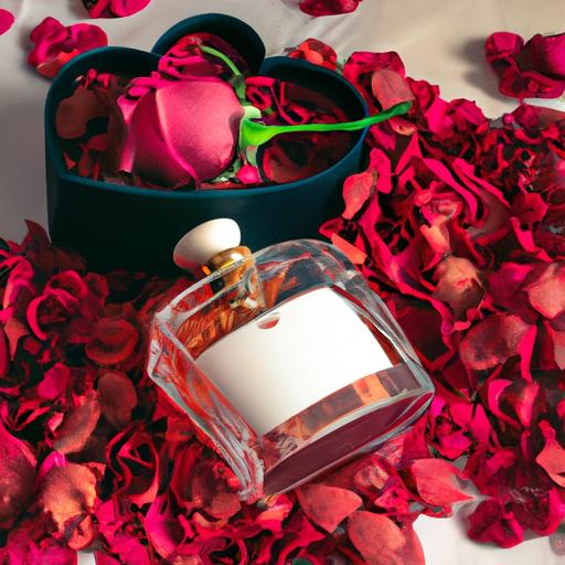 Một chai nước hoa Valentino được bao quanh bởi cánh hoa hồng và một chiếc hộp trang sức