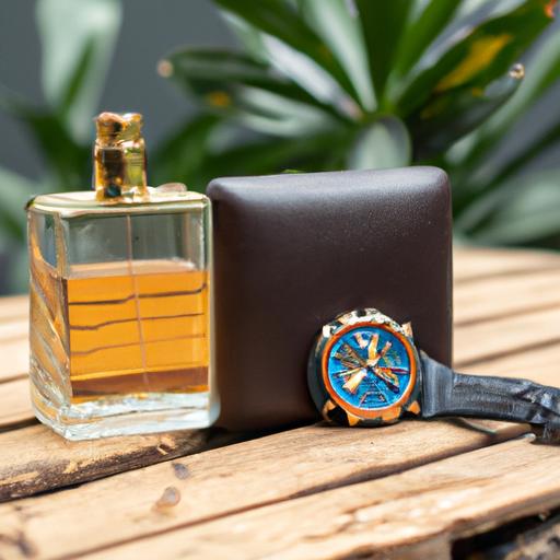 Chai nước hoa Versace nam đặt trên một bàn gỗ với một chiếc ví da và một chiếc đồng hồ