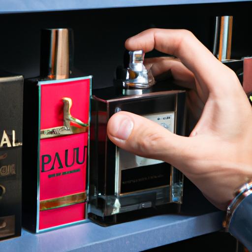 Người đàn ông lựa chọn chai nước hoa Jean Paul Gaultier từ kệ đựng nhiều loại nước hoa khác nhau.