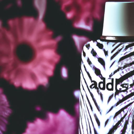 Một góc chụp cận cảnh chai nước hoa Adidas với họa tiết hoa nền nằm phía sau.