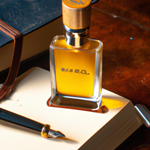 Chụp cận cảnh chai nước hoa narciso nam đặt trên bàn gỗ, bên cạnh là những quyển sổ da và bút máy.