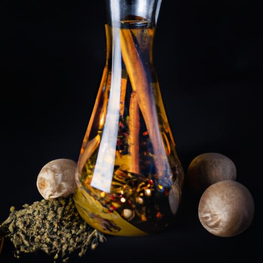 Gần cận của chai nước hoa spicebomb được bao quanh bởi các loại gia vị và thảo mộc