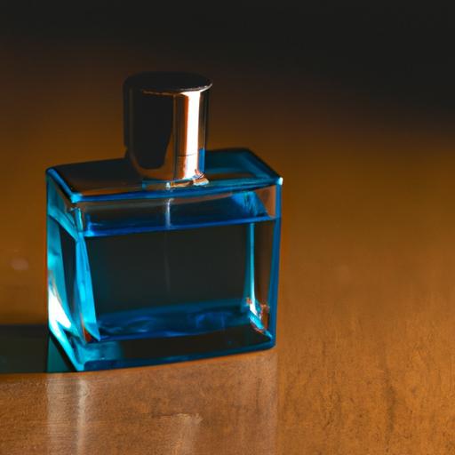 Gần cảnh chai nước hoa nam Blue màu xanh đặt trên một cái bàn gỗ.