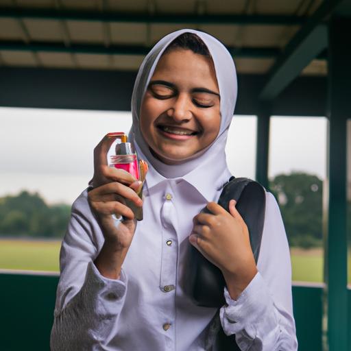 Học sinh nữ xịt nước hoa trước khi đến trường. Cô ấy trông tự tin và hạnh phúc.