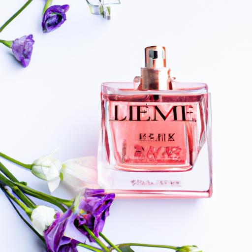 Chi tiết hộp nước hoa Lancôme La Vie Est Belle được đặt trên nền trắng kèm hoa cỏ trang trí.