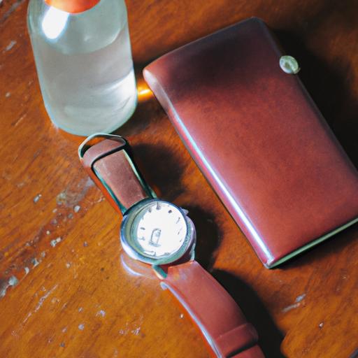 Chai nước hoa nam coco được đặt trên một cái bàn gỗ với một chiếc ví da và một chiếc đồng hồ