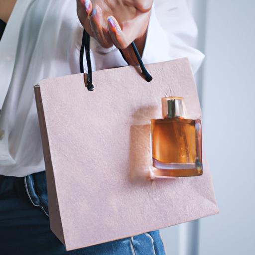 Một người phụ nữ cầm chai nước hoa Chanel với túi mua sắm trong tay