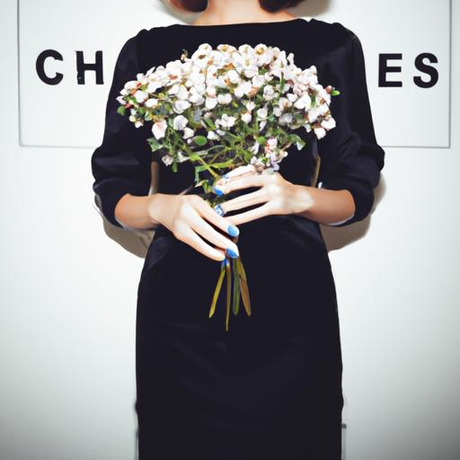 Một người phụ nữ mặc váy đen và cầm bó hoa Chanel No. 5...