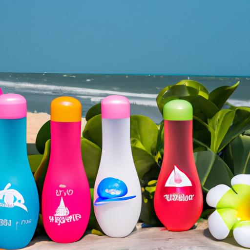 Những chai nước hoa bikini được trưng bày trên bãi biển đầy cát.