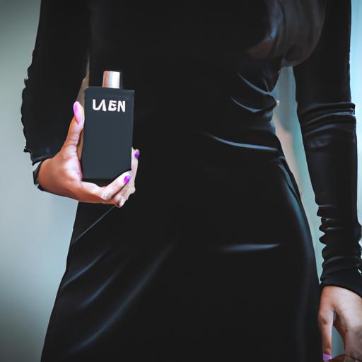 Người phụ nữ mặc váy đen cầm chai nước hoa màu đen với logo LV.