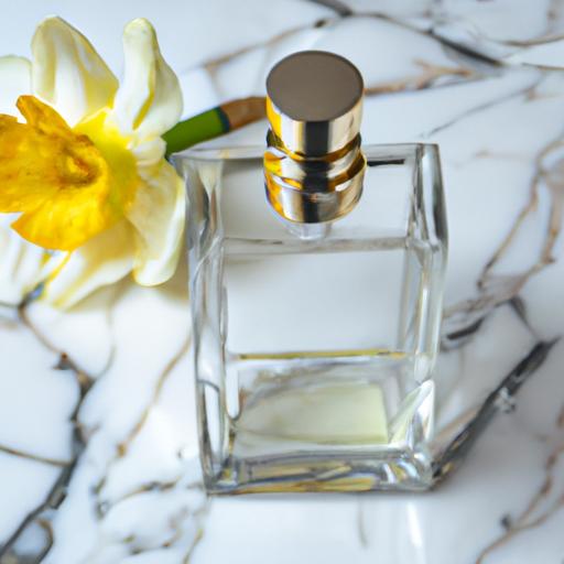 Gần cận chi tiết chai nước hoa Narciso trên bàn đá hoa cương