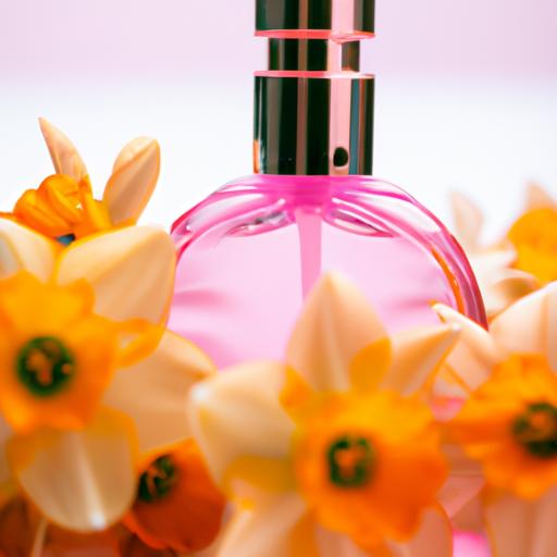 Lấy gần một chai nước hoa Narciso hồng được bao quanh bởi những bông hoa hồng.