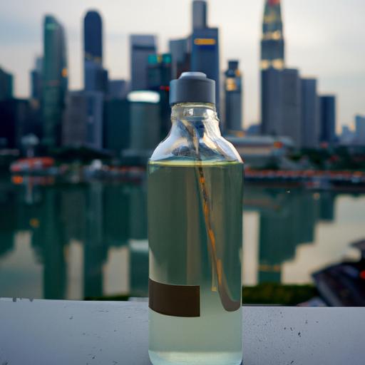 Một chai nước hoa với tòa nhà Singapore nổi tiếng ở phía sau