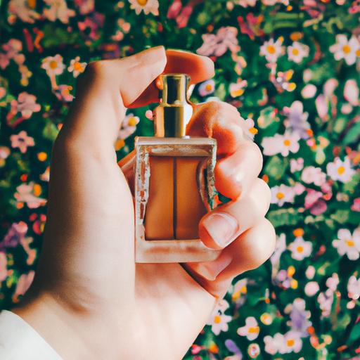 Một bàn tay cầm chai nước hoa Hermes mini với nền hoa.