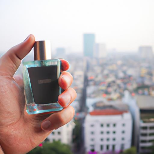 Một tay cầm chai nước hoa nam cao cấp, với nền tảng mờ của phong cảnh thành phố Hà Nội.