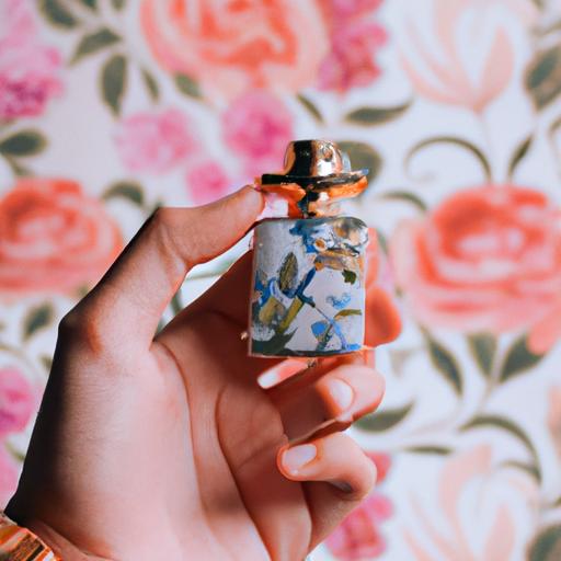 Bàn tay cầm chai nước hoa Versace mini trước nền hoa cỏ