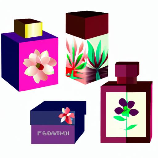 Bộ sưu tập chai nước hoa và hộp với họa tiết hoa