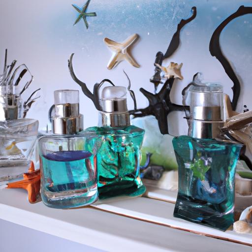 Bộ sưu tập nước hoa mùi biển với các chai nước hoa được thiết kế theo chủ đề đại dương trên kệ gỗ