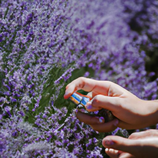Cảm nhận hương thơm dịu nhẹ của nước hoa lavender trên đôi tay trong cánh đồng oải hương tuyệt đẹp.