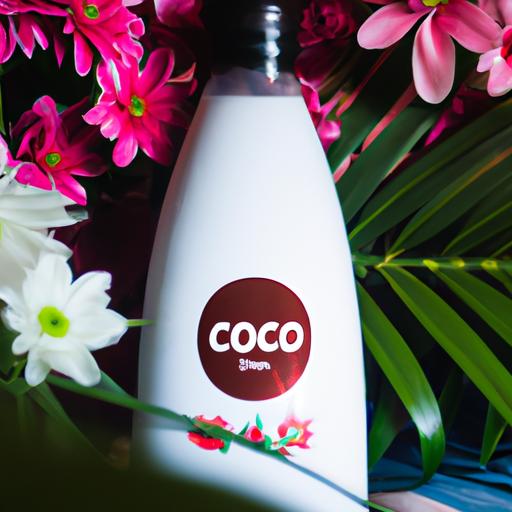 Gần cận một chai Coco nước hoa với hoa phía sau