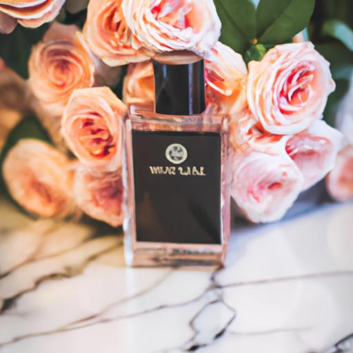 Một chai nước hoa Chanel N5 đặt trên mặt đá hoa vàng, được bao quanh bởi những đoá hoa hồng.