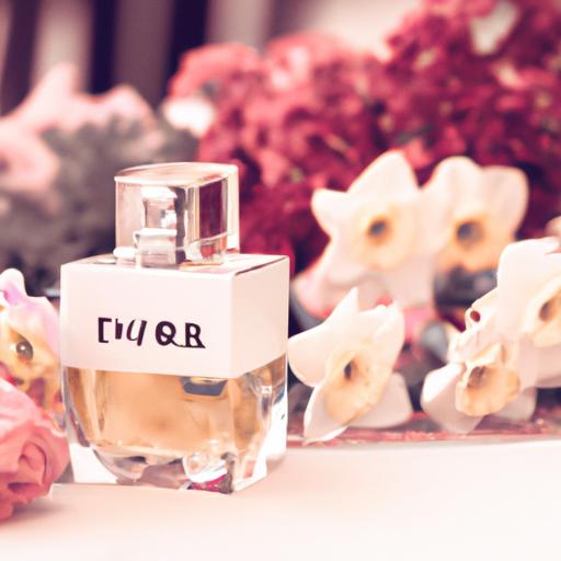 Một khung cận cảnh của chai nước hoa Dior J'adore trên bàn được bao quanh bởi các bông hoa.
