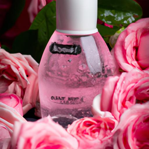 Chai nước hoa hồng Mamonde Rose Water Toner được bao quanh bởi những đóa hoa hồng tươi tắn