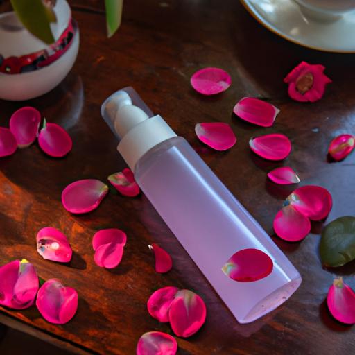 Chai nước hoa hồng pond được đặt trên một bàn gỗ cùng với hoa và sản phẩm chăm sóc da