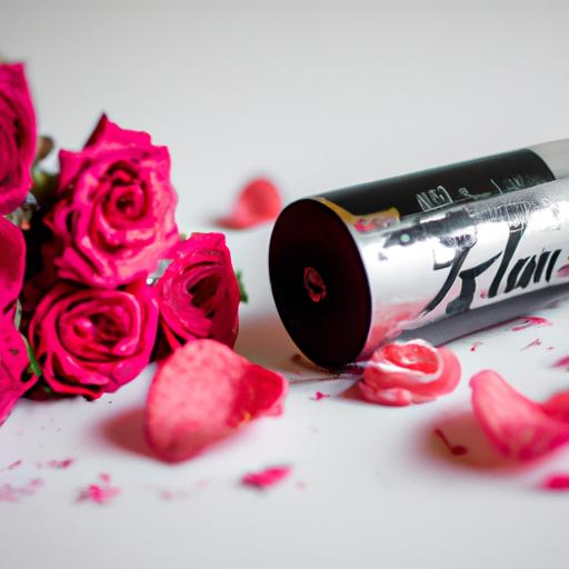 Chụp gần chai nước hoa Kilian Rolling in Love và bó hoa hồng.
