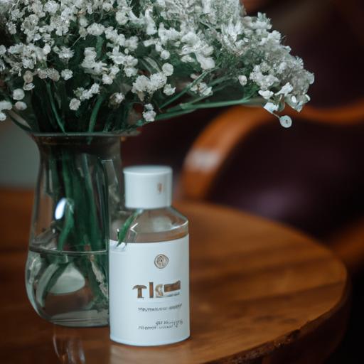 Chai nước hoa Kilian Trắng đặt trên một chiếc bàn gỗ cùng một bó hoa trắng tinh khôi.