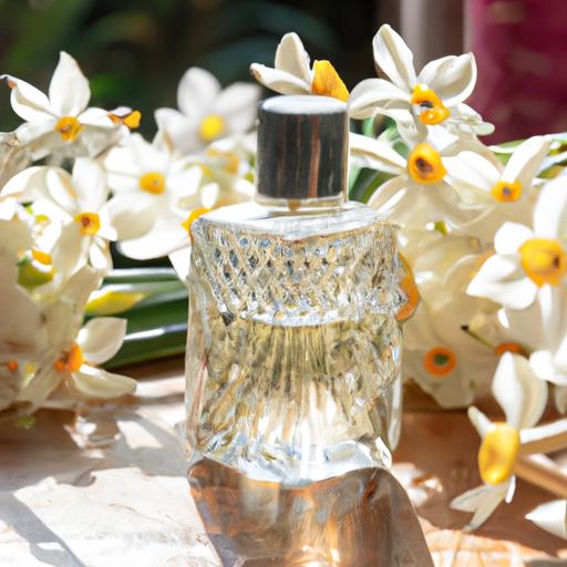 Chai nước hoa Narciso đặt trên bàn gỗ được bao quanh bởi hoa