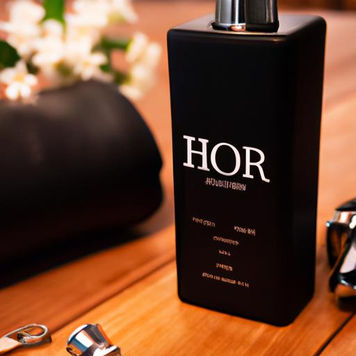 Gần cận chai nước hoa Dior Homme được đặt trên mặt gỗ với các phụ kiện da bao quanh.