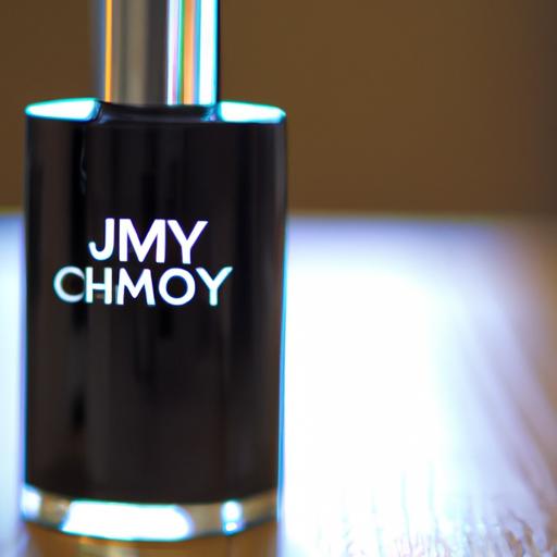 Chụp cận cảnh chai nước hoa Jimmy Choo Man đặt trên bàn gỗ.