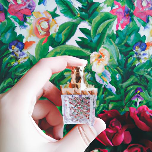 Tay cầm chai nước hoa Versace mini 5ml trên nền hoa.