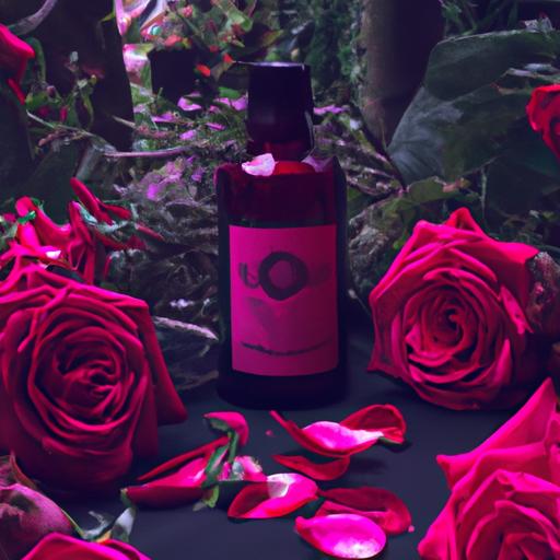 Hộp nước hoa Roja Elixir được bao quanh bởi những bông hoa hồng đẹp và cảnh quan xanh tươi.