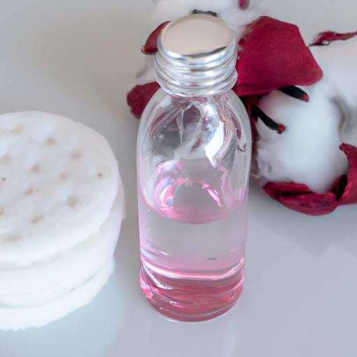 Lọ nước hoa hồng và toner kèm với miếng bông cotton sử dụng để làm sạch da và cung cấp độ ẩm cho da.