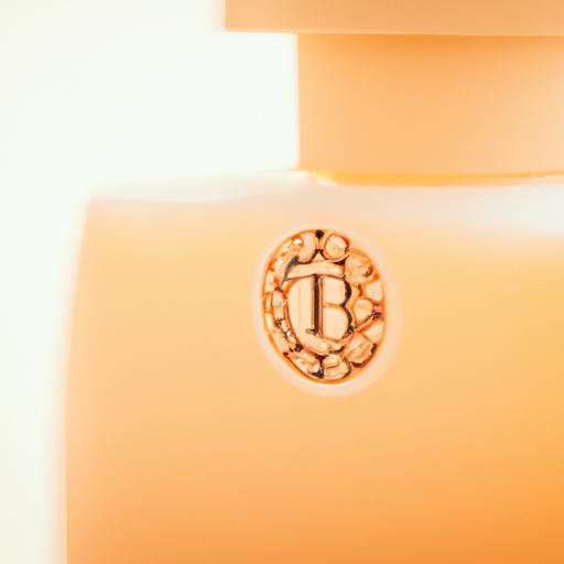 Chụp gần lọ nước hoa Tory Burch với logo đặc trưng của thương hiệu.