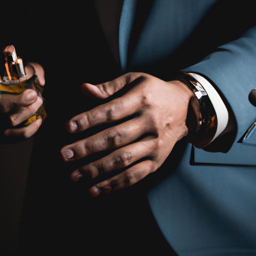Một người đàn ông tự tin mặc bộ suit và xịt nước hoa Dior Sauvage Parfum lên cổ tay.